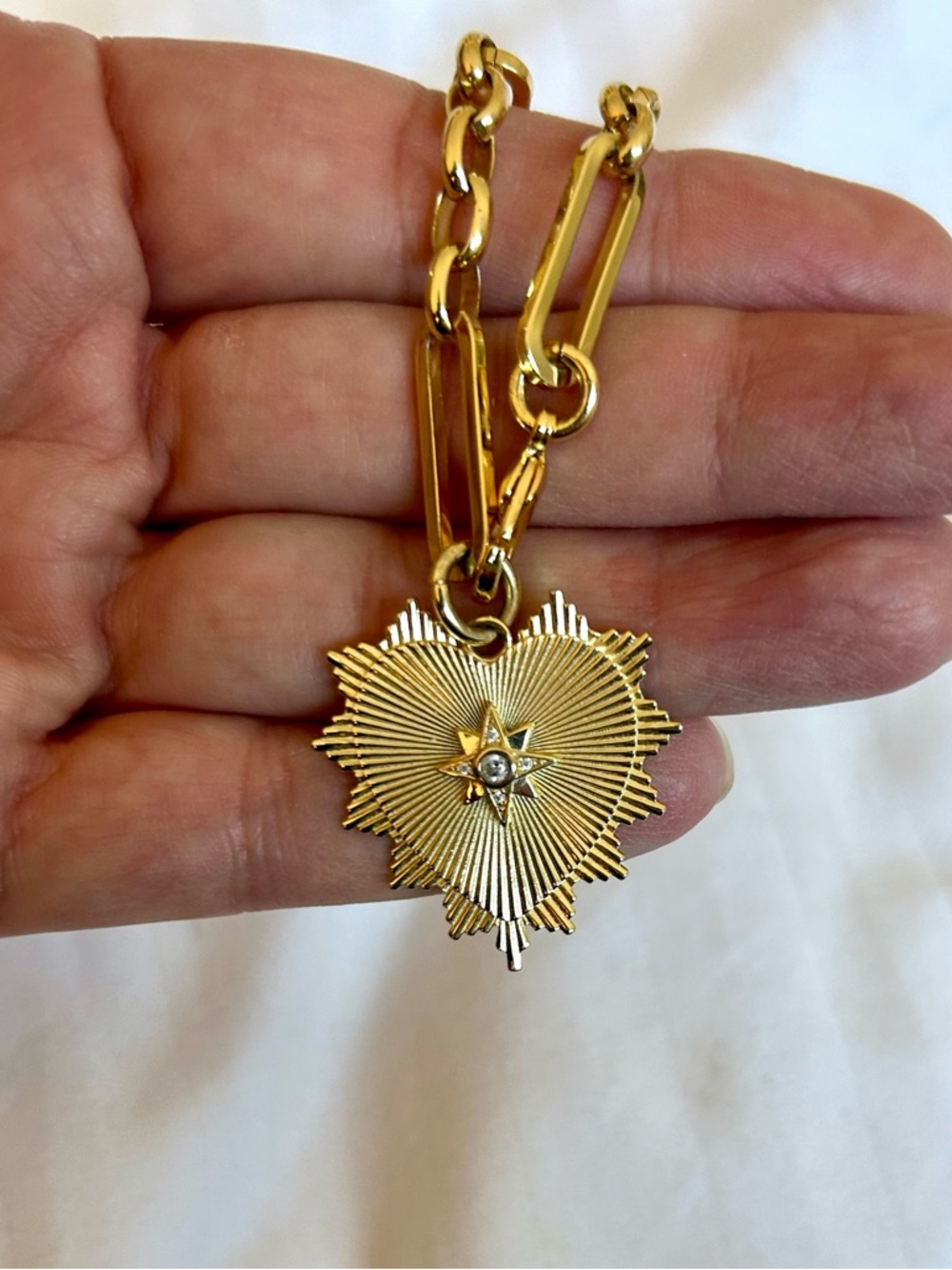 Radiant Gold Sunburst Heart Pendant on Adjustable 18” Paperclip Chain